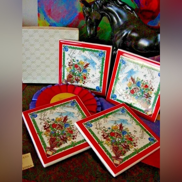 Vintage Ultra Rare GUCCI Coaster Set (4) Barware Decor Party Accessory w/ Box GG - Picture 11 of 12